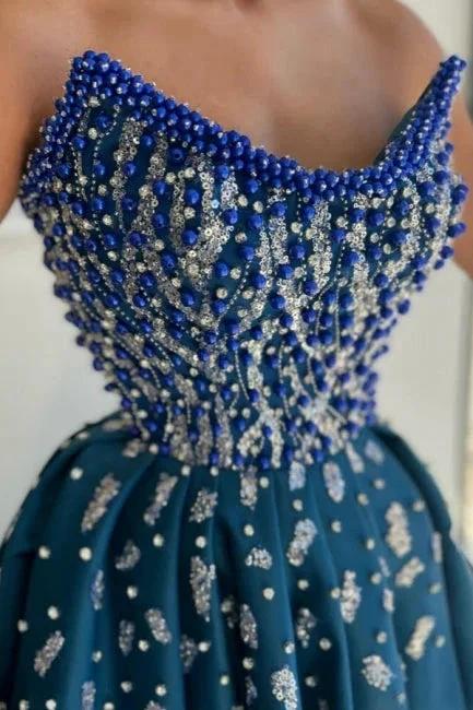 Extravagant Long Blue A-line Strapless Beading Prom Dress with Slit - Image 2