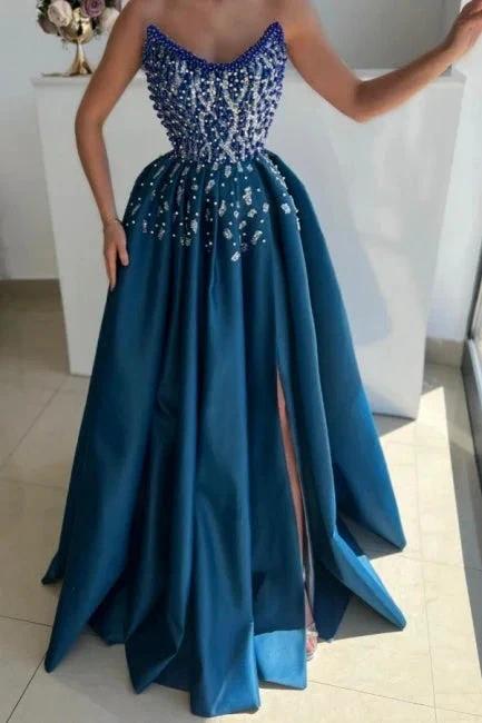 Extravagant Long Blue A-line Strapless Beading Prom Dress with Slit - Image 3