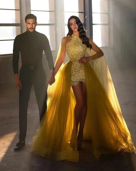 Extravagant Long Gold Sleeveless Prom Dresses With Detachable Train - Image 4
