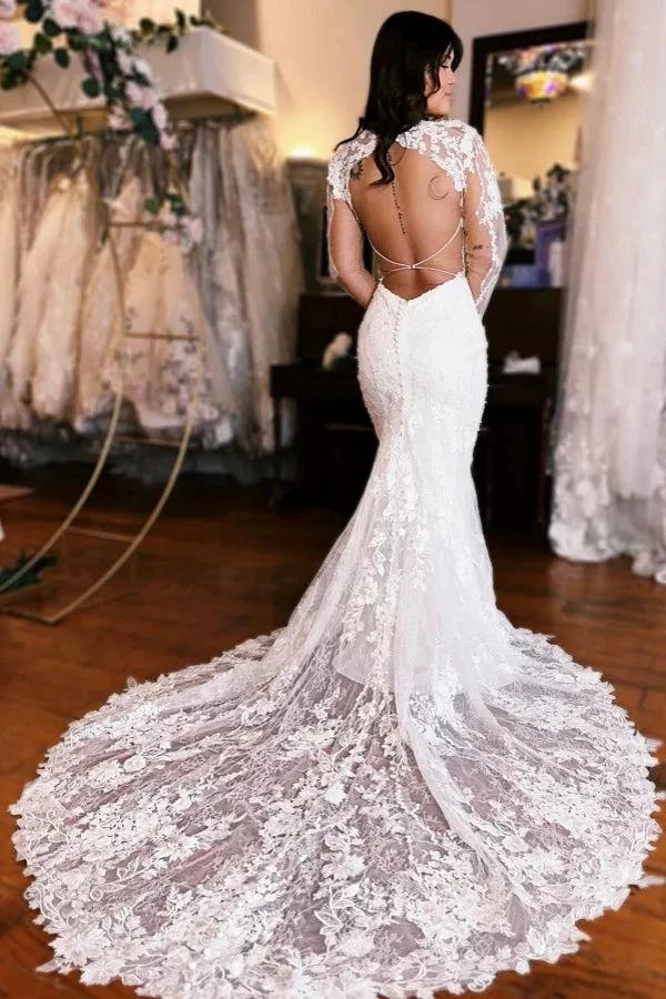 Extravagant Long Mermaid V-neck Backless Lace Wedding Dress with Long Sleeves - Image 2