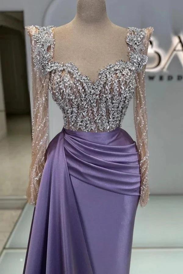 Extravagant Long Purple Beading Lace Sequined Prom Dress with Long Sleeves - Image 2
