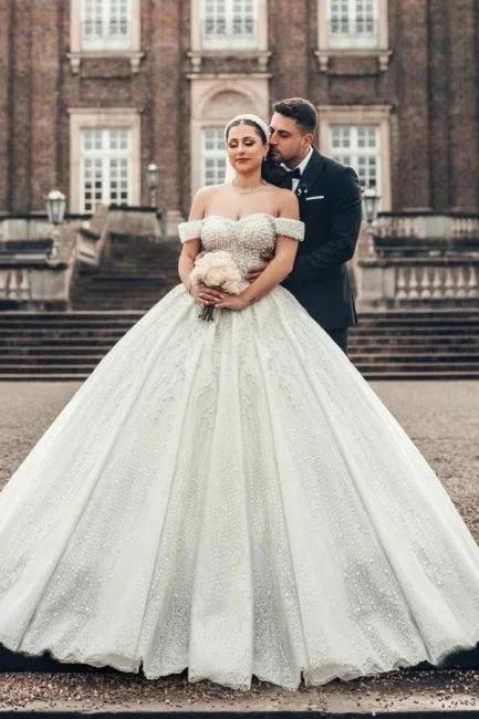 Extravagant Princess Long A-line Off-the-shoulder Glitter Lace Sleeveless Wedding Dresses with Pearls - Image 3