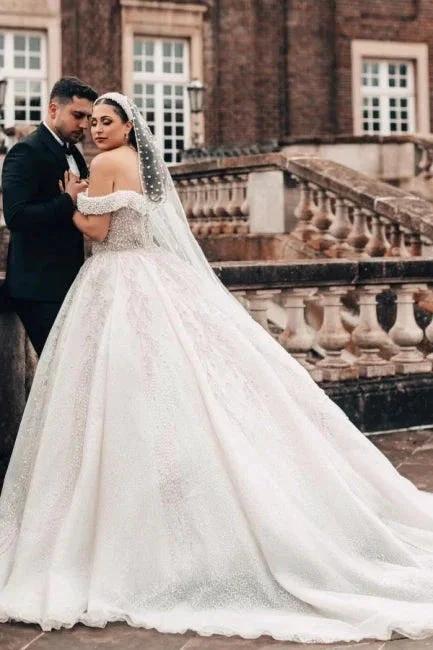 Extravagant Princess Long A-line Off-the-shoulder Glitter Lace Sleeveless Wedding Dresses with Pearls - Image 4