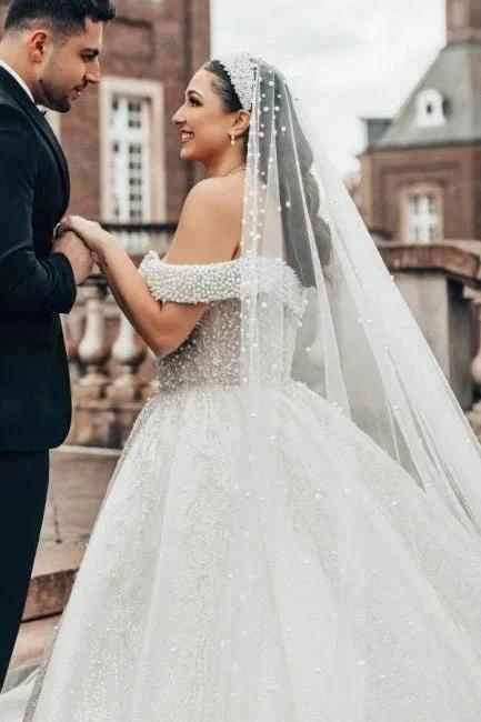Extravagant Princess Long A-line Off-the-shoulder Glitter Lace Sleeveless Wedding Dresses with Pearls - Image 5