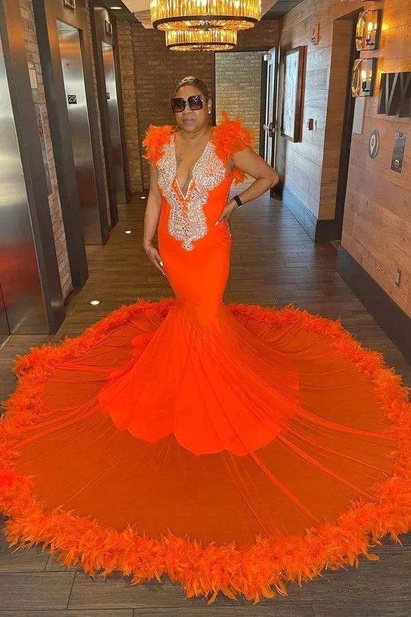 Eye-cathing Sleeveless V-neck Mermaid Prom Dress With Feather - Image 2