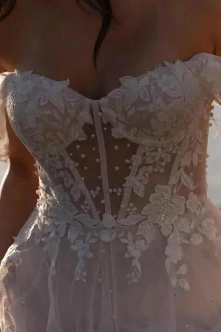Fabulous A-Line Lace Off-The-Shoulder Sleeveless White Wedding Dress With Ruffles - Image 2