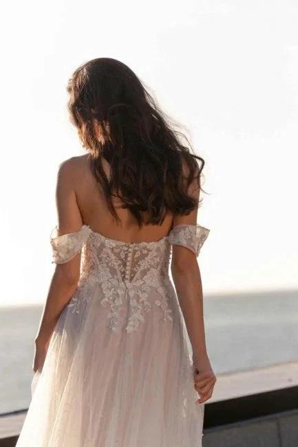 Fabulous A-Line Lace Off-The-Shoulder Sleeveless White Wedding Dress With Ruffles - Image 3