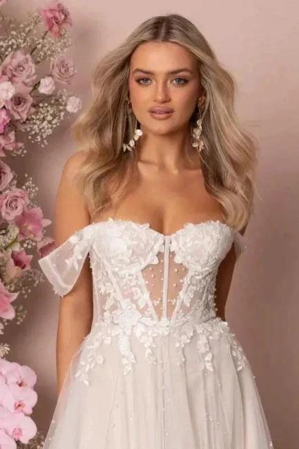Fabulous A-Line Lace Off-The-Shoulder Sleeveless White Wedding Dress With Ruffles - Image 4