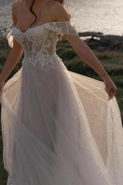 Fabulous A-Line Lace Off-The-Shoulder Sleeveless White Wedding Dress With Ruffles - Image 5