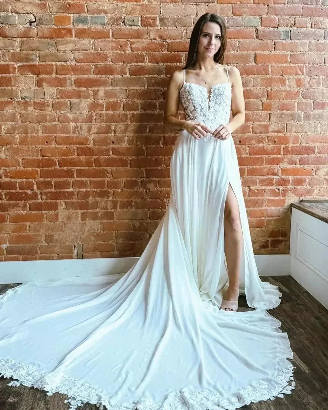Fabulous A-Line Lace Spaghetti Straps Sleeveless White Wedding Dresses With Split Train - Image 6