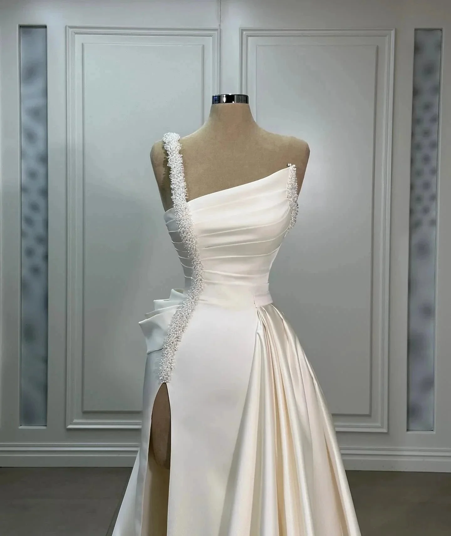 Fabulous A-Line Satin One Shoulder Sleeveless Wedding Dresses With Ruffles Split Front - Image 2