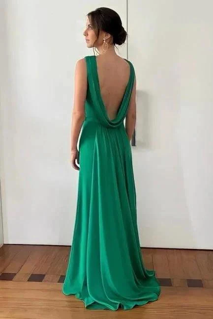 Fabulous A-Line Satin Sleeveless Green Prom Dresses With Openback - Image 3