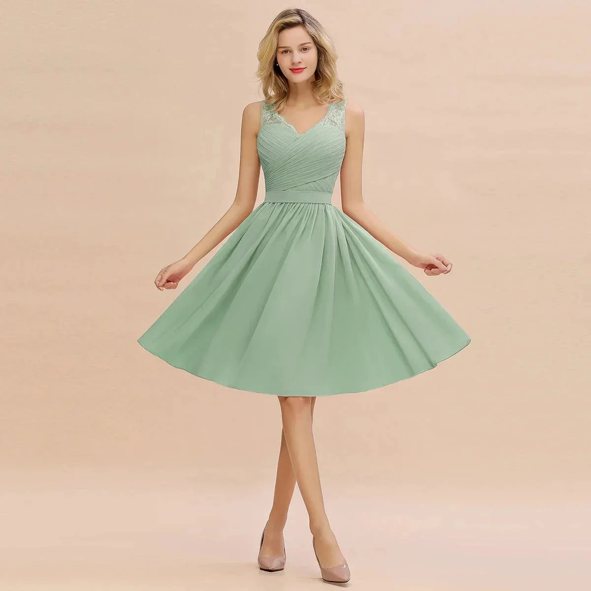 Fabulous A-Line V-Neck Sleeveless Satin Short Bridesmaid Dresses - Image 2