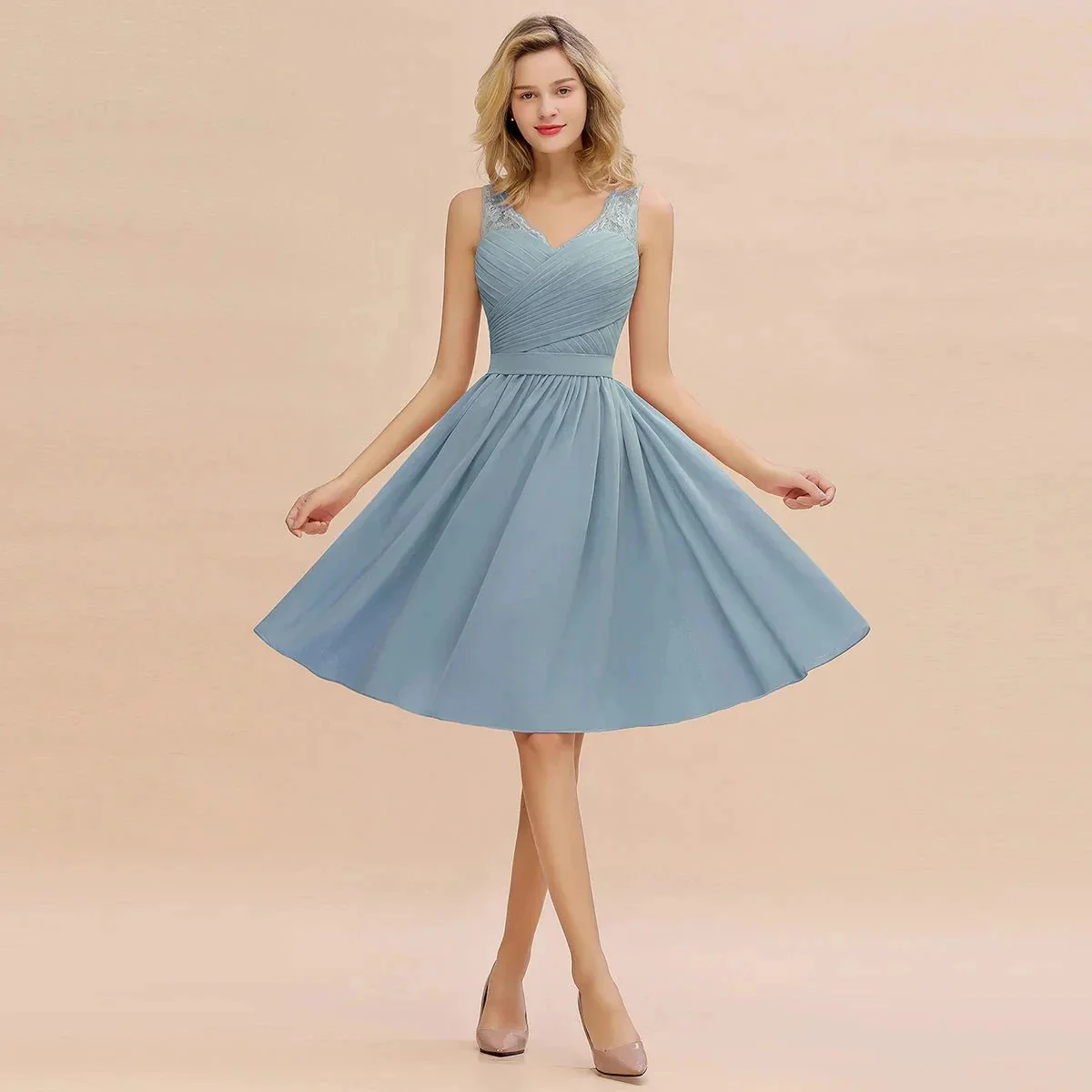 Fabulous A-Line V-Neck Sleeveless Satin Short Bridesmaid Dresses - Image 4