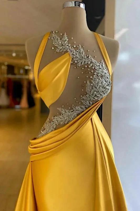 Fabulous Column Satin Halter Sleeveless Yellow Long Prom Dress With Beading - Image 2