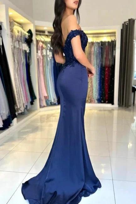 Fabulous Column Satin Lace Off-The-Shoulder Sleeveless Prom Dresses With Appliques Split Front - Image 2