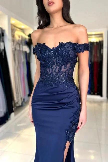 Fabulous Column Satin Lace Off-The-Shoulder Sleeveless Prom Dresses With Appliques Split Front - Image 3