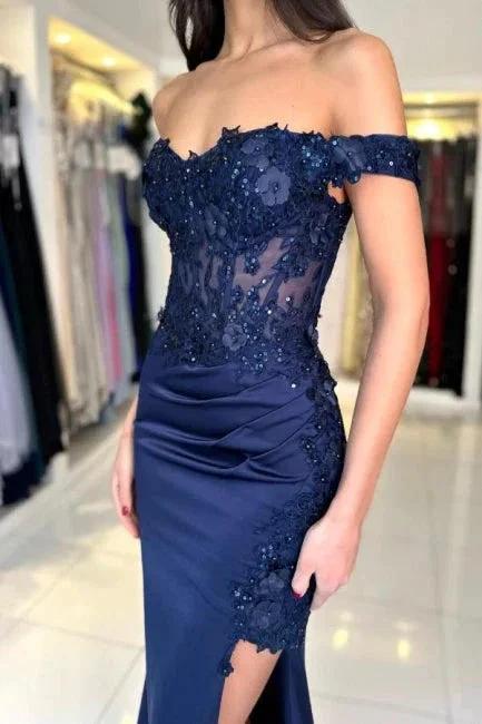 Fabulous Column Satin Lace Off-The-Shoulder Sleeveless Prom Dresses With Appliques Split Front - Image 6