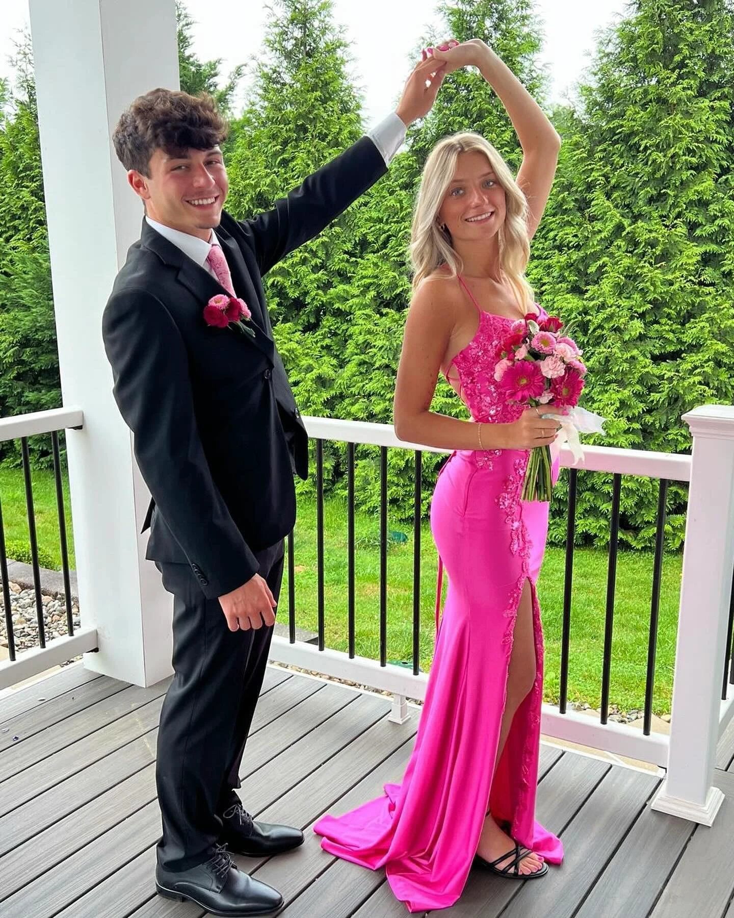 Fabulous Column Satin Spaghetti Straps Sleeveless Pink Prom Dresses With Appliques Split Front - Image 3