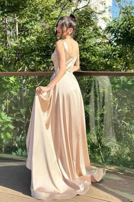 Fabulous Column Satin Square Sleeveless Prom Dresses With Split Train - Image 2