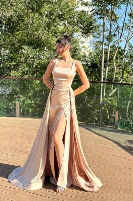 Fabulous Column Satin Square Sleeveless Prom Dresses With Split Train - Image 3