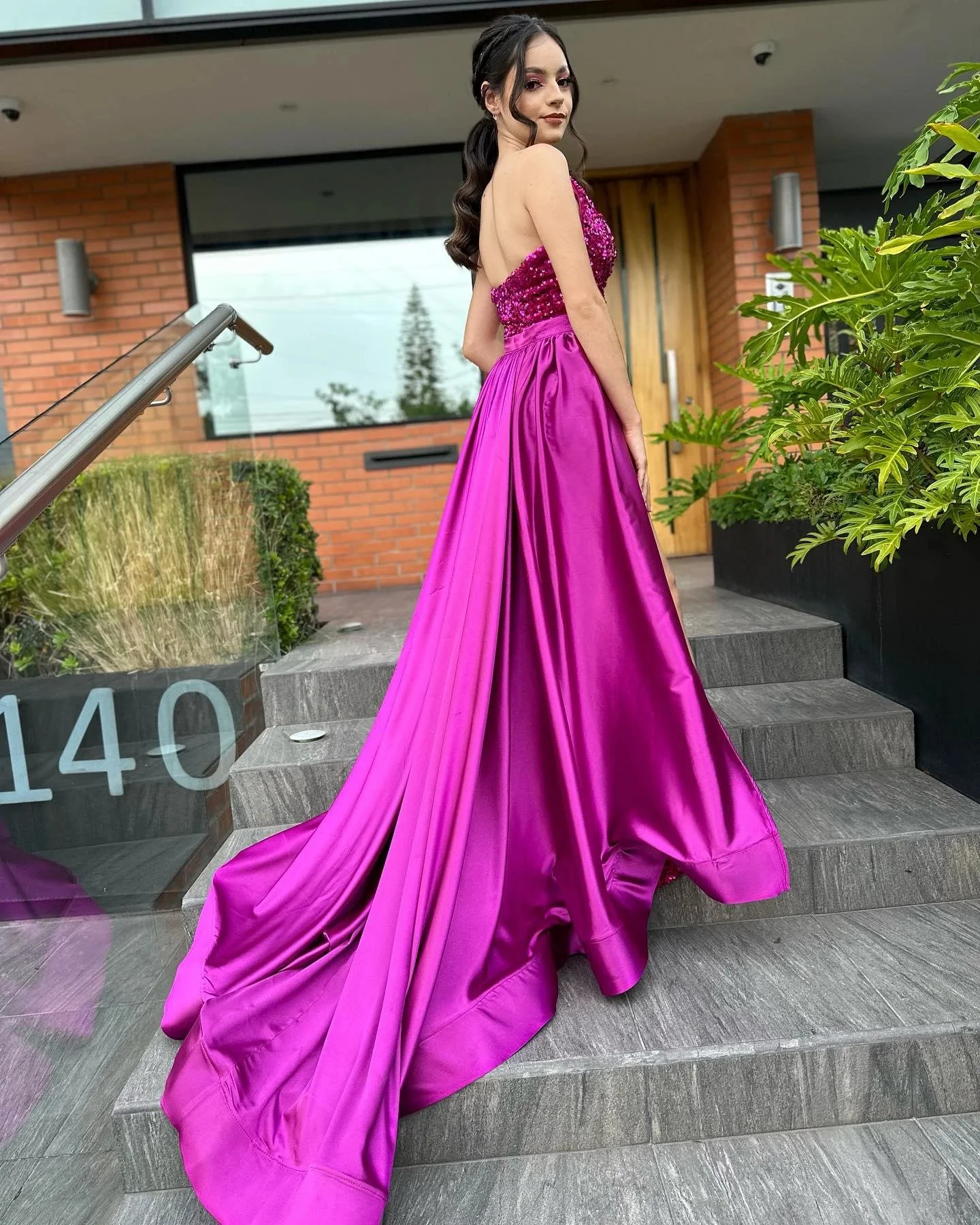 Fabulous Column Satin Strapless Sleeveless Pink Prom Dresses With Sequined Split - Image 2