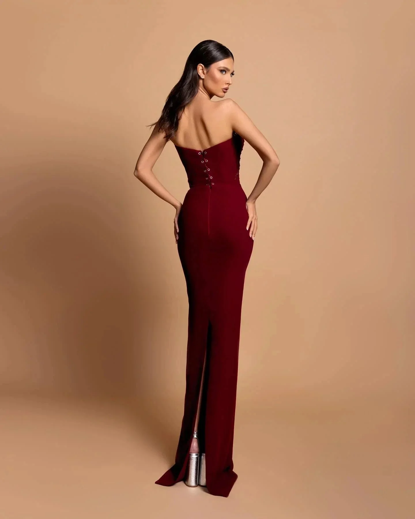 Fabulous Column Strapless Sleeveless Rhinestone Satin Burgundy Prom Dresses - Image 4