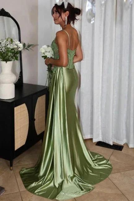 Fabulous Column Tulle Satin Sweetheart Sleeveless Green Prom Dresses With Split Front - Image 3
