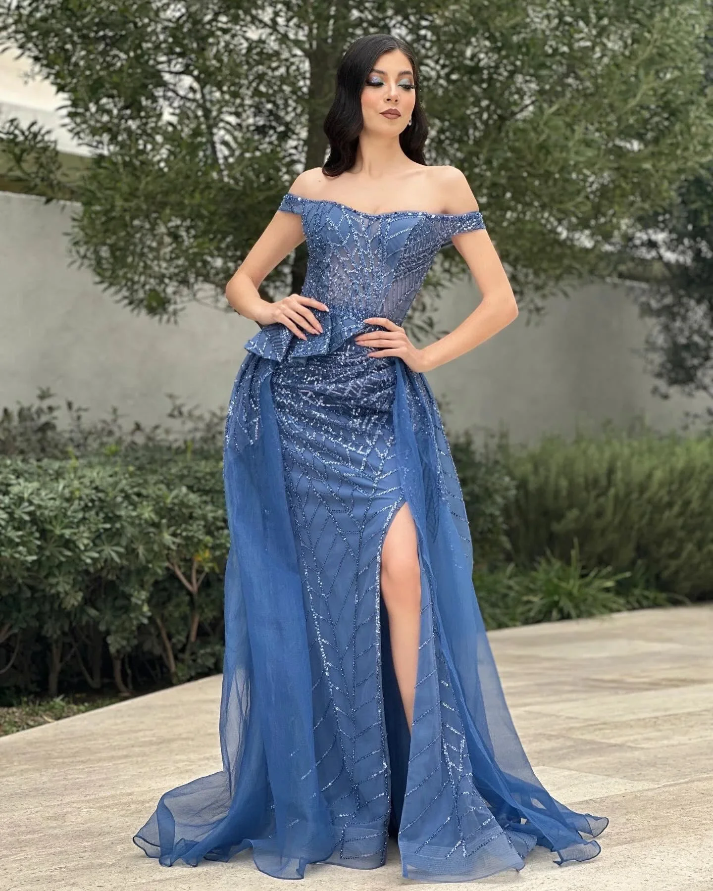 Charming Column Tulle Lace Off-The-Shoulder Sleeveless Blue Prom Dress With Split Front - Image 2