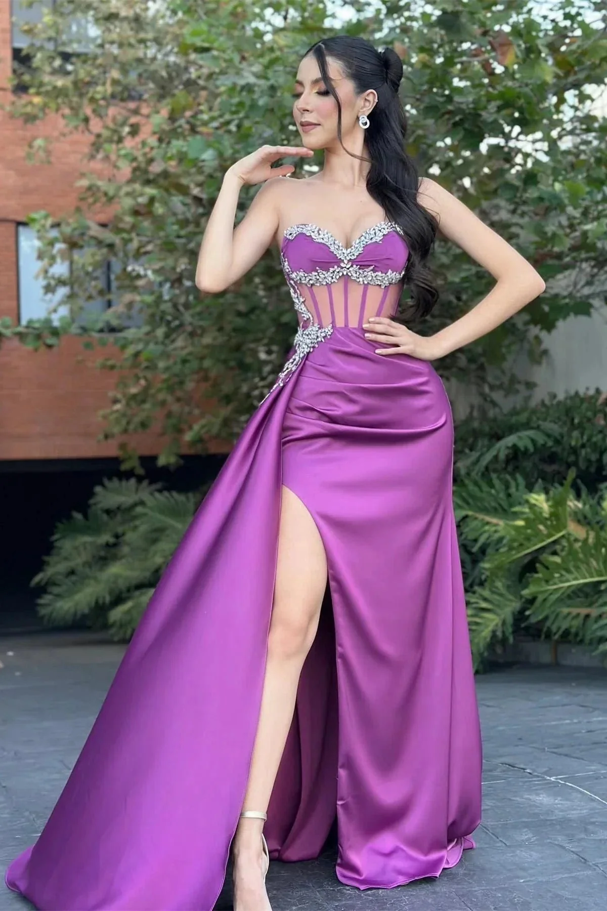 Fabulous Column Tulle Satin Sweetheart Sleeveless Prom Dresses With Ruffles Split - Image 3