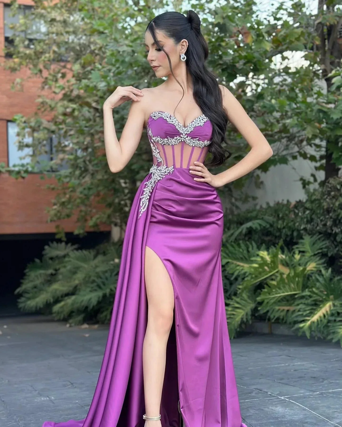 Fabulous Column Tulle Satin Sweetheart Sleeveless Prom Dresses With Ruffles Split - Image 7