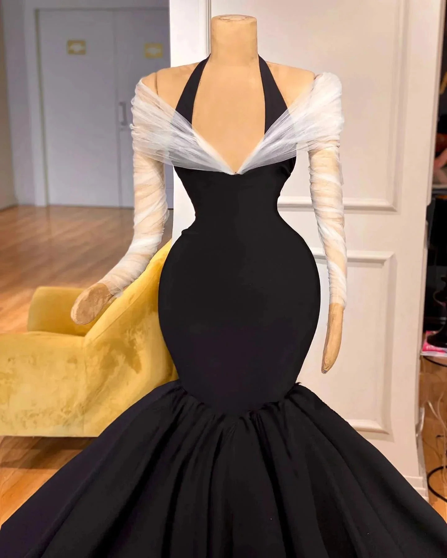 Fabulous Floor Length Long Sleeves Halter Mermaid Prom Dress with Ruffles - Image 2