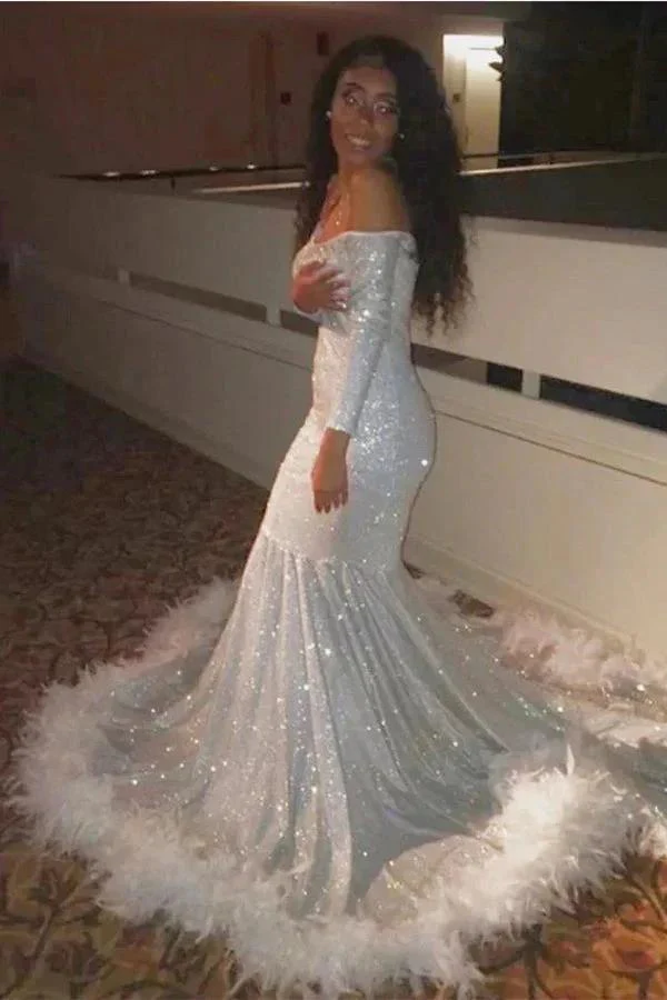Fabulous Floor Length Long Sleeves Mermaid Sequined Prom Dress with Feathers - Image 2