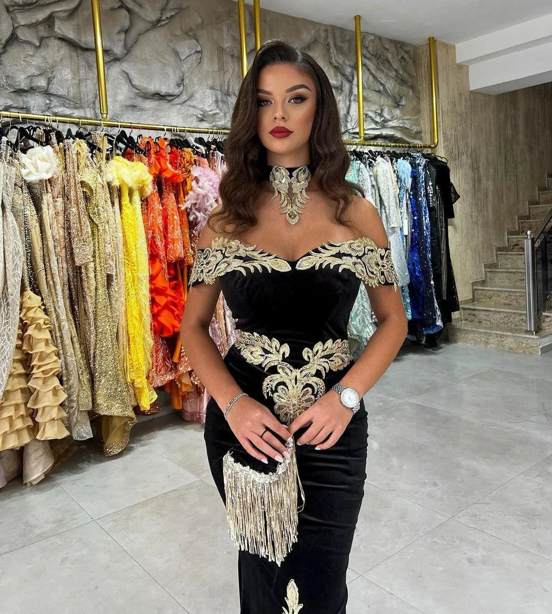 Fabulous Floor Length Off-The-Shoulder Mermaid Black Prom Dress with Appliques - Image 3