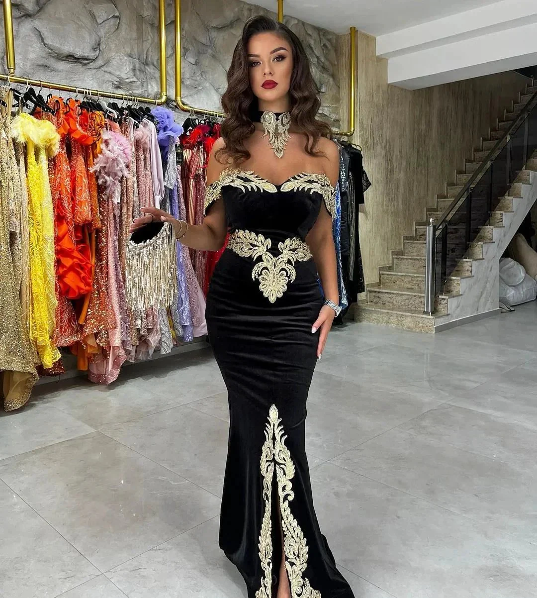 Fabulous Floor Length Off-The-Shoulder Mermaid Black Prom Dress with Appliques - Image 6