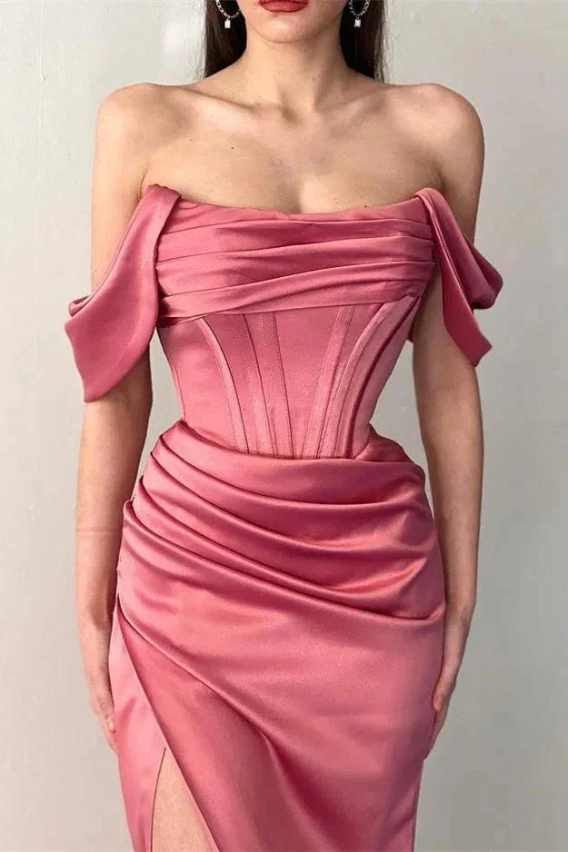 Fabulous Floor Length Off-The-Shoulder Mermaid Satin Prom Dress with Split - Image 2