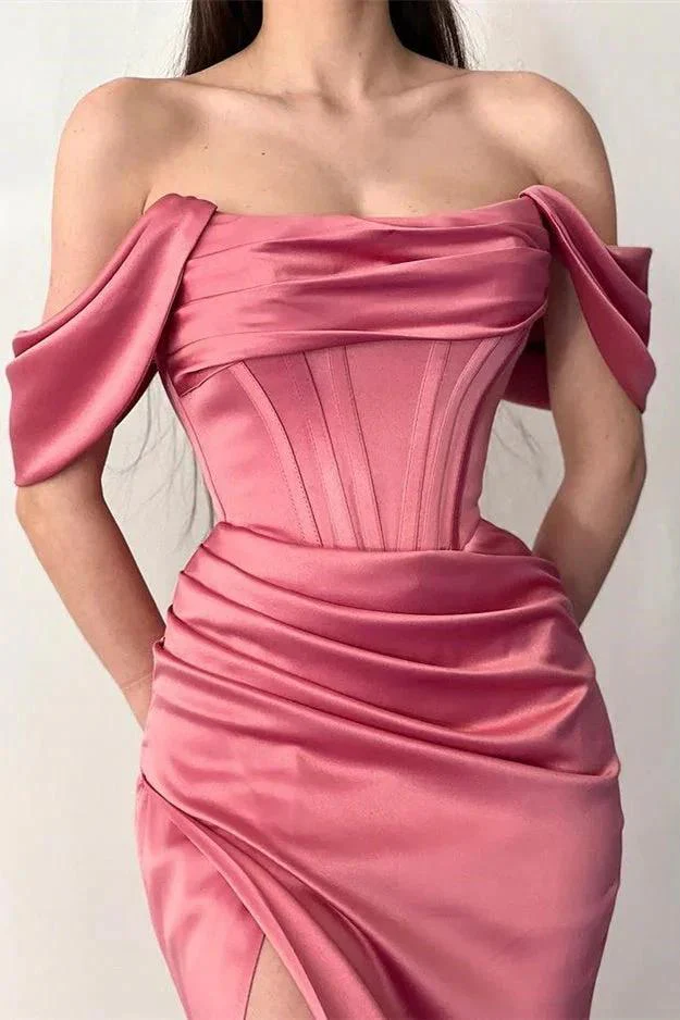 Fabulous Floor Length Off-The-Shoulder Mermaid Satin Prom Dress with Split - Image 3