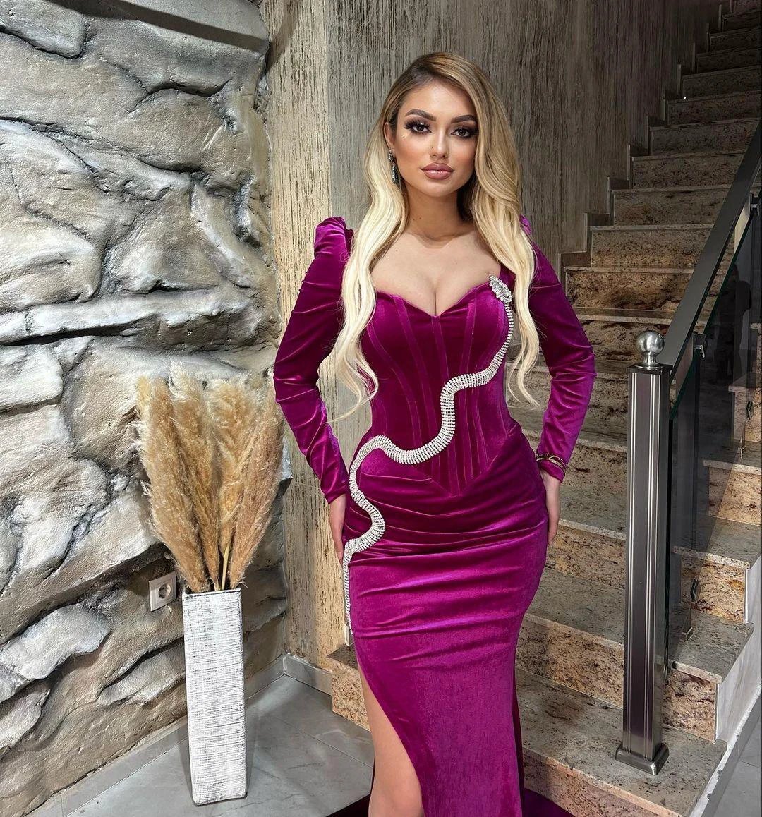 Fabulous Floor Length Sweetheart Long Sleeves Mermaid Satin Prom Dress with Split - Image 2