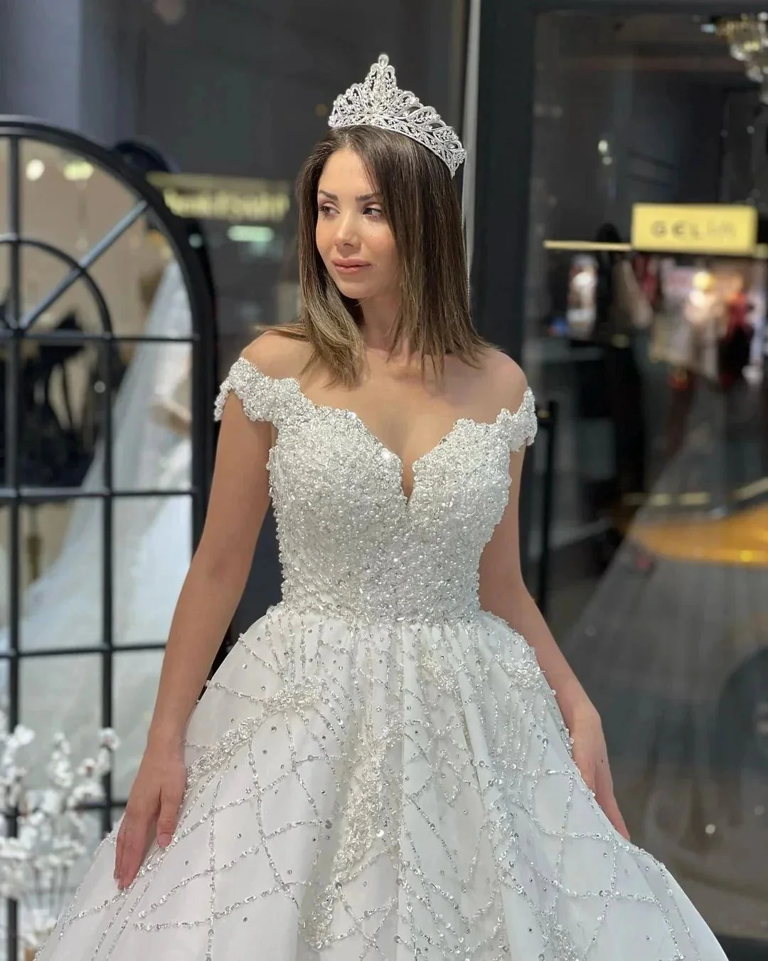 Fabulous Floor Length Sweetheart Off-The-Shoulder A-Line Sequined Wedding Dress with Ruffles - Image 2