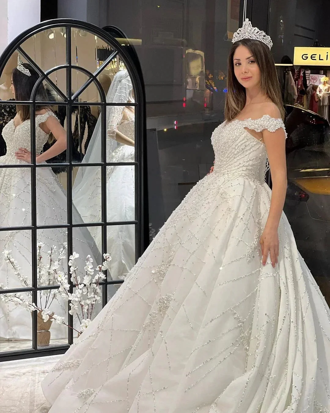 Fabulous Floor Length Sweetheart Off-The-Shoulder A-Line Sequined Wedding Dress with Ruffles - Image 3