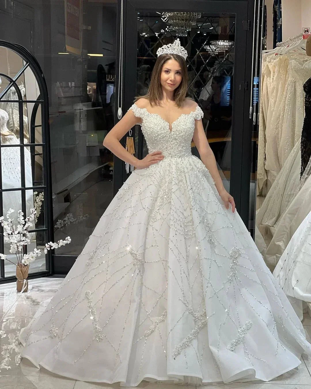 Fabulous Floor Length Sweetheart Off-The-Shoulder A-Line Sequined Wedding Dress with Ruffles - Image 4