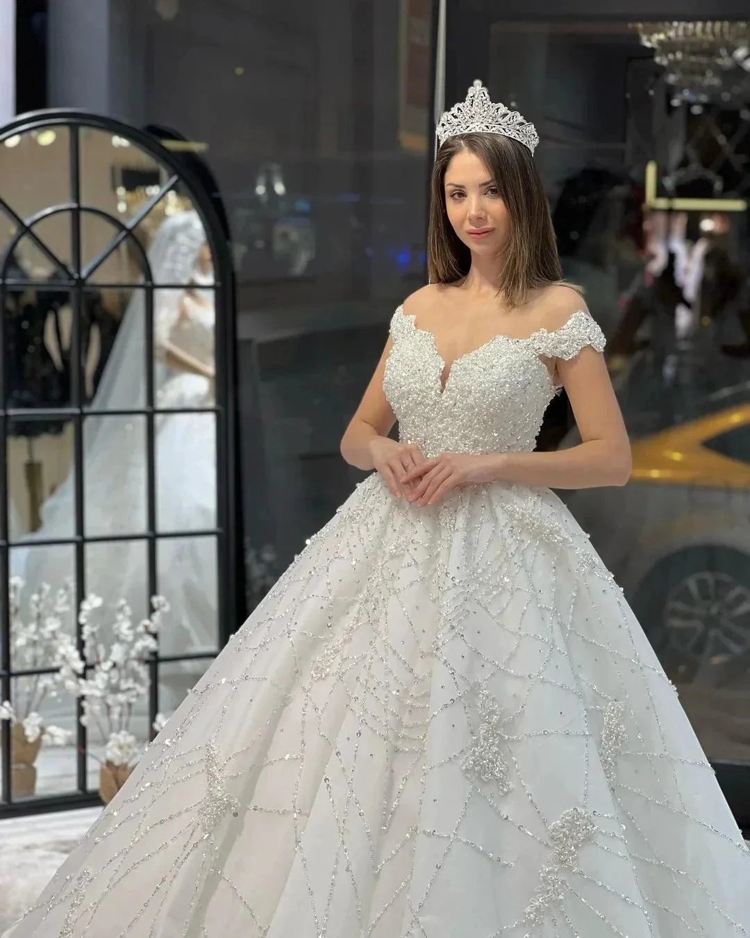 Fabulous Floor Length Sweetheart Off-The-Shoulder A-Line Sequined Wedding Dress with Ruffles - Image 5