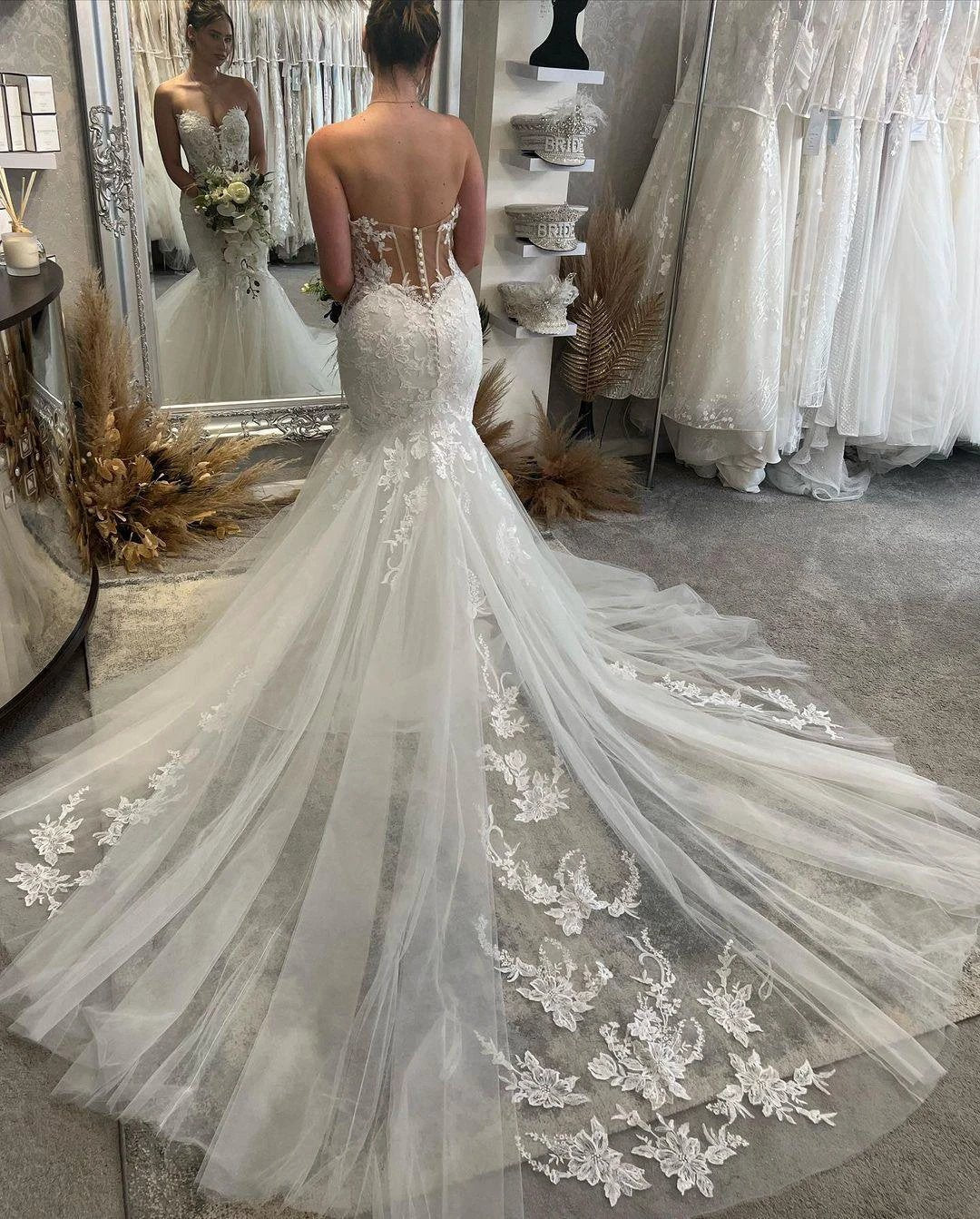 Fabulous Floor Length Sweetheart Sleeveless Mermaid Wedding Dress with Lace - Image 2