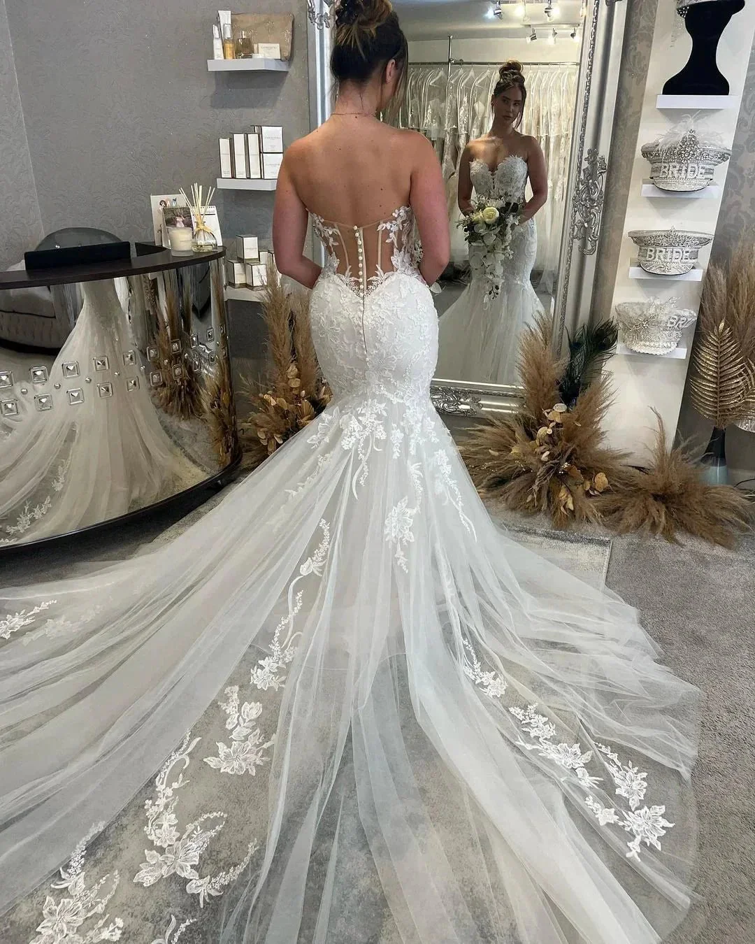 Fabulous Floor Length Sweetheart Sleeveless Mermaid Wedding Dress with Lace - Image 3