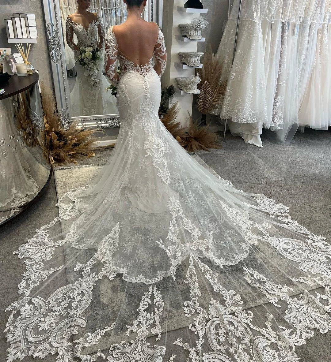Fabulous Floor Length V-Neck Long Sleeves Mermaid Lace Wedding Dress with Chapel Train - Image 2