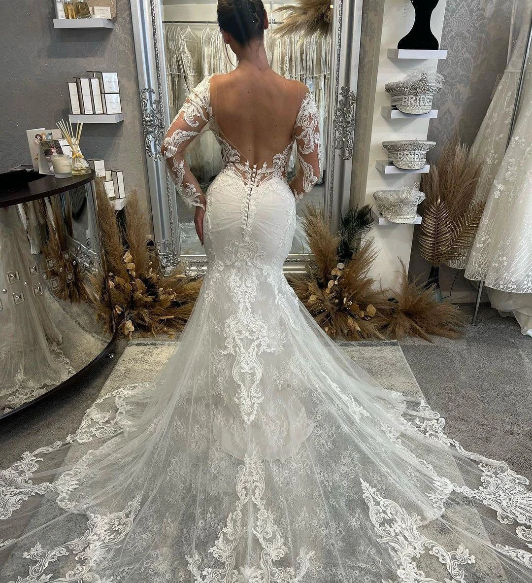 Fabulous Floor Length V-Neck Long Sleeves Mermaid Lace Wedding Dress with Chapel Train - Image 3