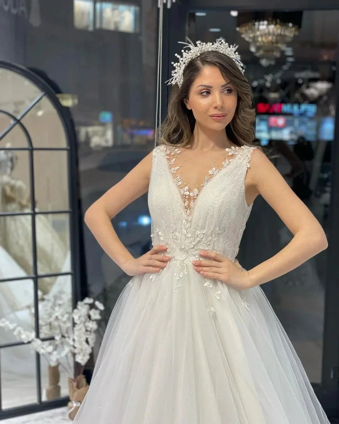 Fabulous Floor Length V-Neck Sleeveless A-Line Tulle Wedding Dress - Image 2