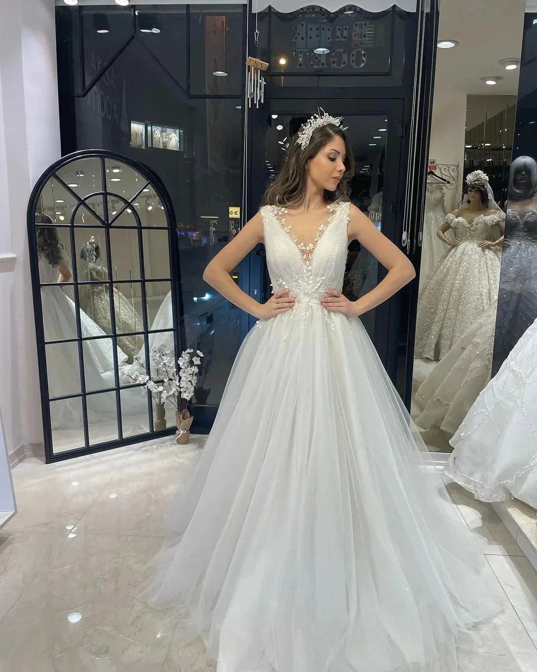 Fabulous Floor Length V-Neck Sleeveless A-Line Tulle Wedding Dress - Image 3