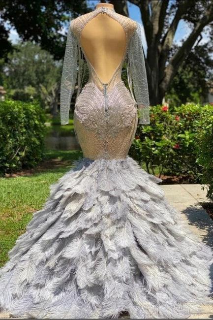 Fabulous Grey Sequined Beading Feather Mermaid Long Sleeves Tulle Prom Dress - Image 2