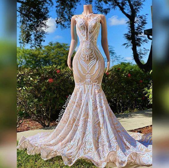 Fabulous High Neck Lace Floor-length Mermaid Prom Dresses - Image 2